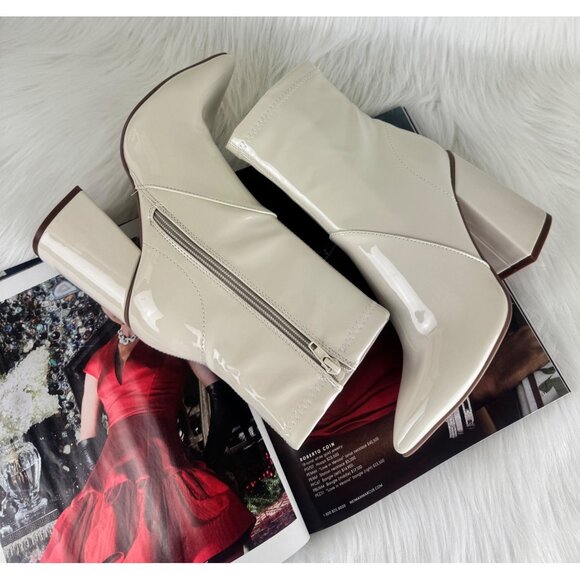 Women's Qupid Faux Patent Leather Maelie Pointed Toe Ankle Bootie Winter White - Picture 1 of 11
